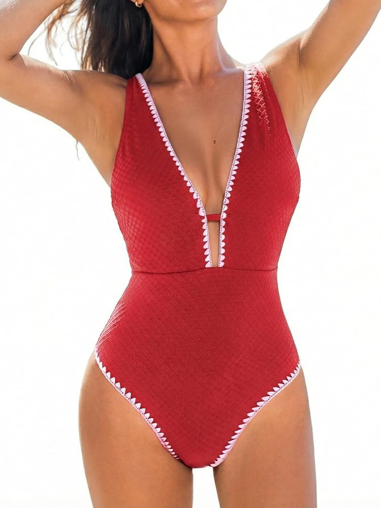 CUPSHE Women's One Piece Swimsuit Tummy Control V Neck Cutout Bathing Suit Crisscross Back Textur... | Amazon (US)
