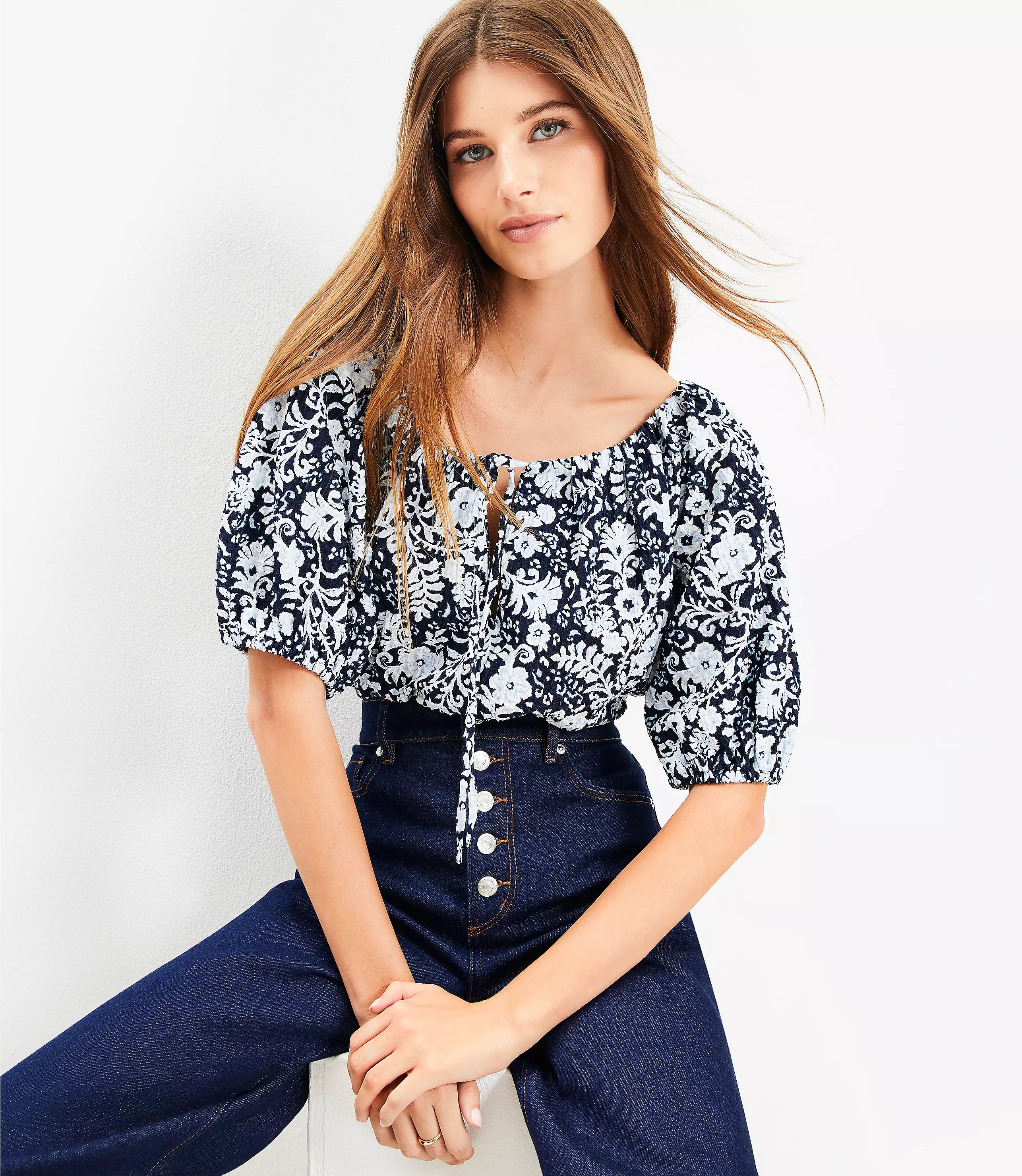 Floral Tie Neck Bubble Sleeve Top | LOFT