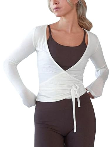 Womens Pilates Wrap Tie Top Y2k Slim Fit Long Sleeve Ballet Workout Top Yoga Cover Up Shirt Casual Outfit(White,XL) | Amazon (US)
