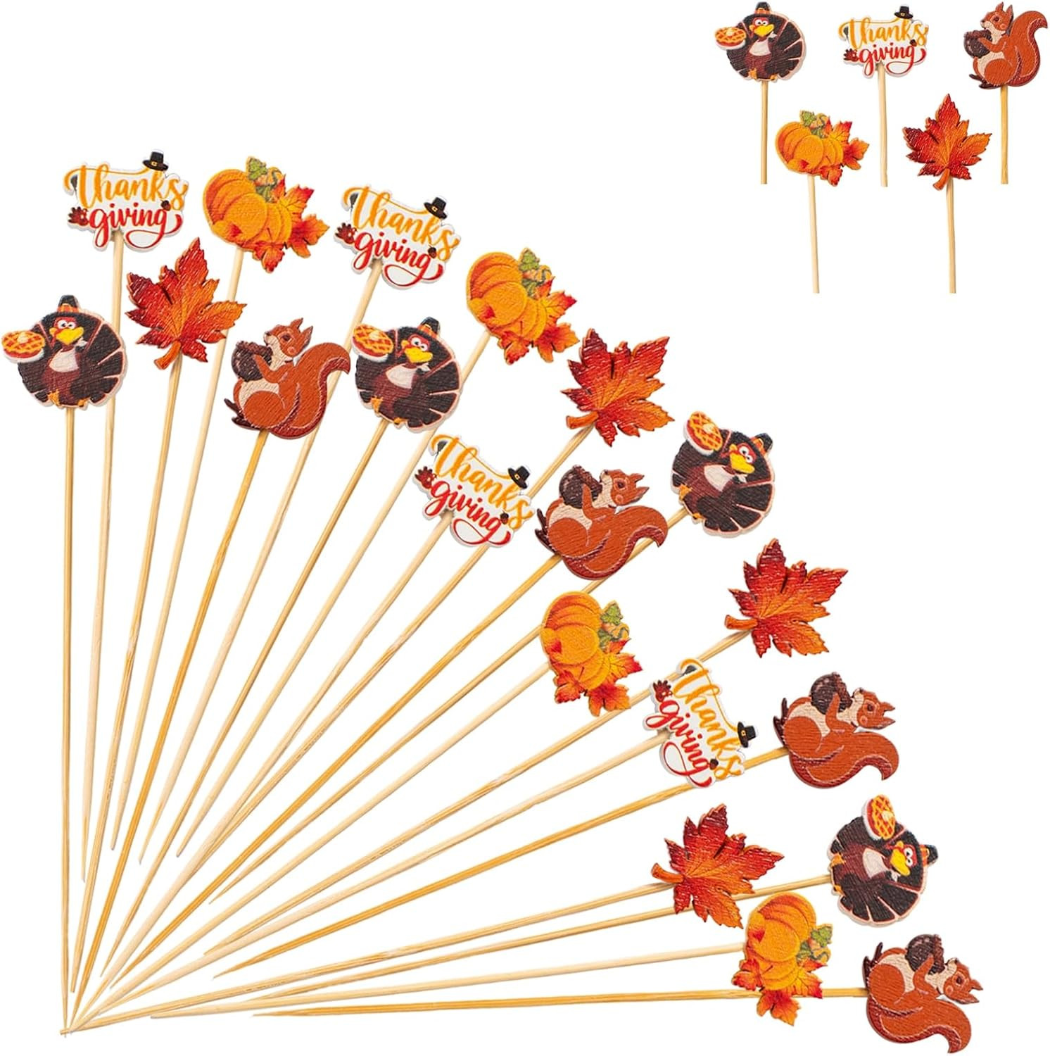 125pcs Fall Cocktail Picks Autumn Theme turkey squirrel pumpkin maple leaf Bamboo Cocktail Toothp... | Amazon (US)