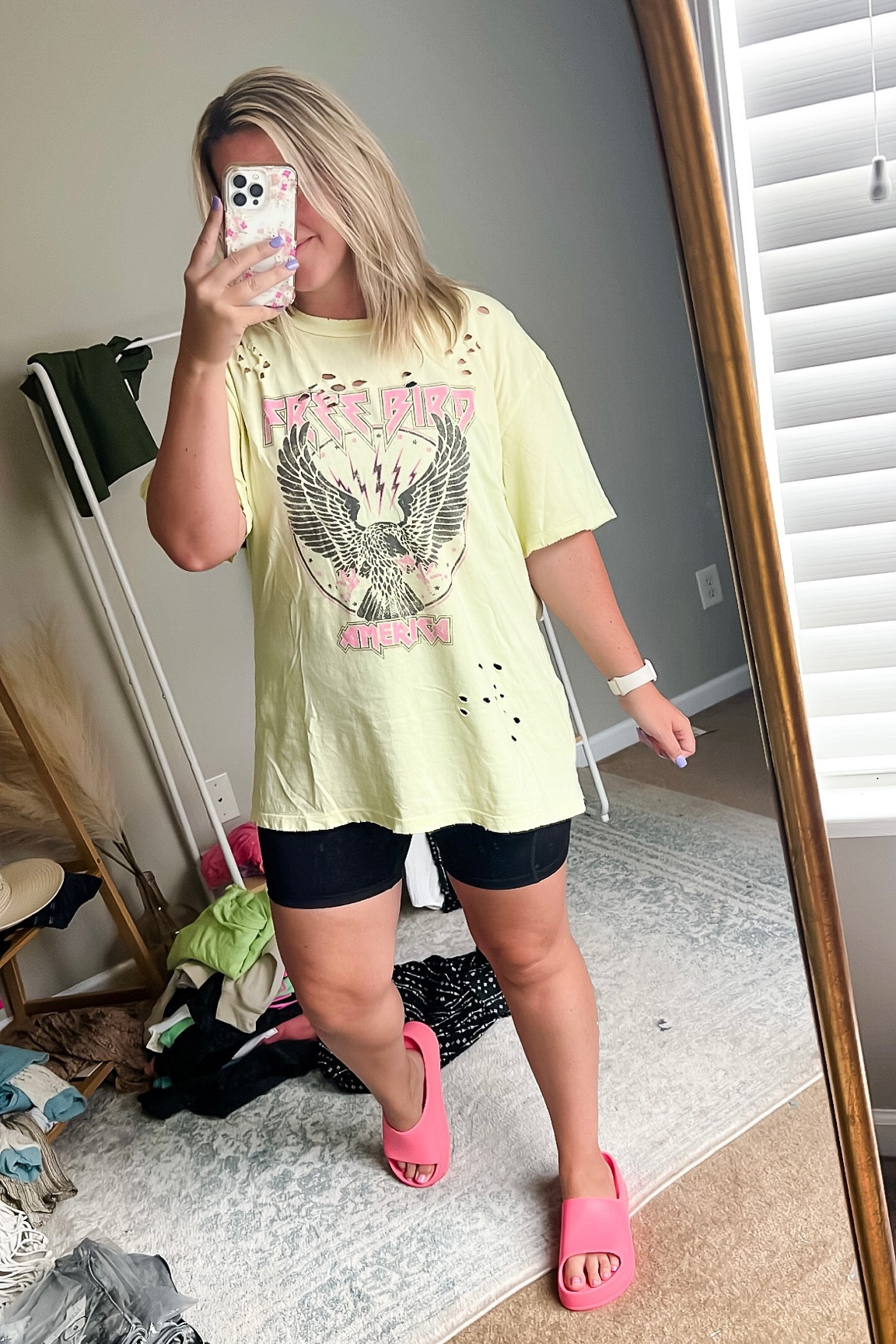 Day 5 hair + grungy band tee + biker shorts kinda day 🫡

Obsessed with these shoes from Target - they run pretty oversized so I recommend going down from your typical size! 

🌸 Oversized tee (wearing S/M) + biker shorts (wearing Medium) are from Wildflowers & Dixie Boutique —> wildflowersanddixie.com 🌸

#LTKshoecrush #LTKstyletip