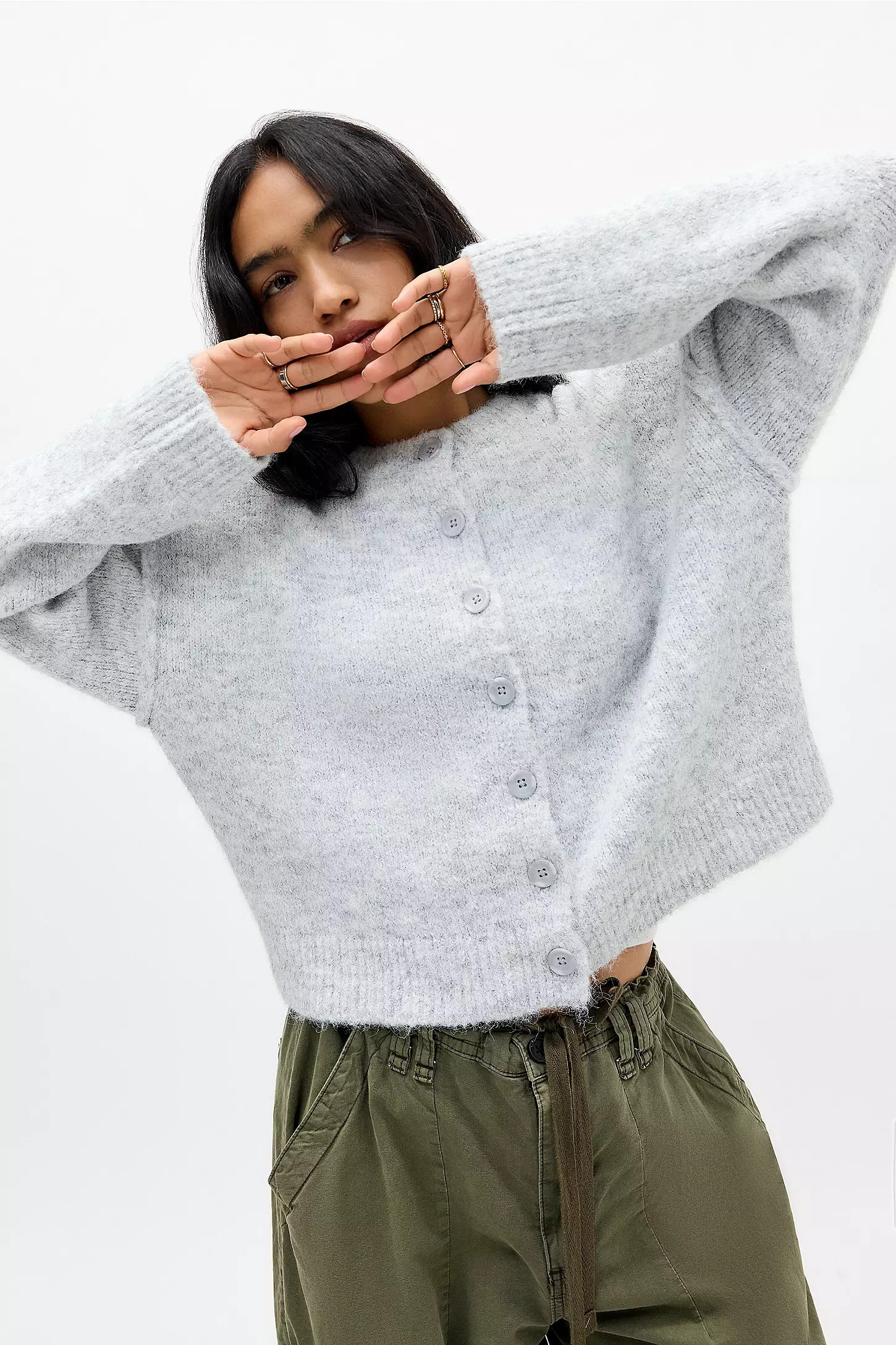 UO Marli Crew Neck Cardigan - Light Grey at Urban Outfitters | Urban Outfitters UK