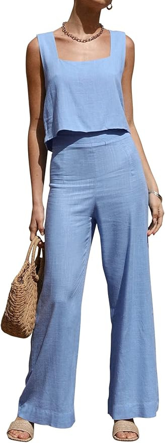 ROYLAMP Women's Summer 2 Piece Outfits Sleeveless Square Neck Tops Wide Leg Pants set Jumpsuit wi... | Amazon (US)