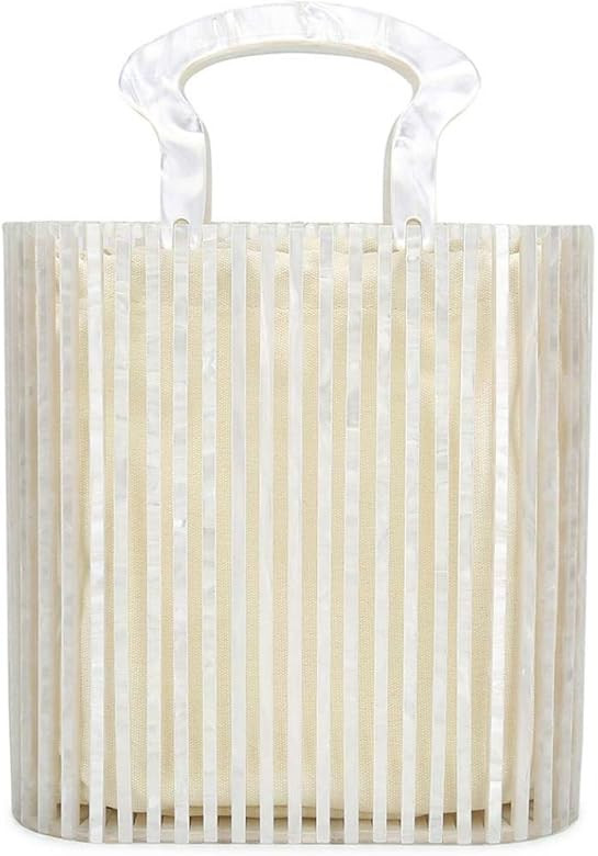 Womens Fashion Bamboo Bag with Acrylic Handle Bucket Bag Summer Beach Clutch Purse Handbags | Amazon (US)