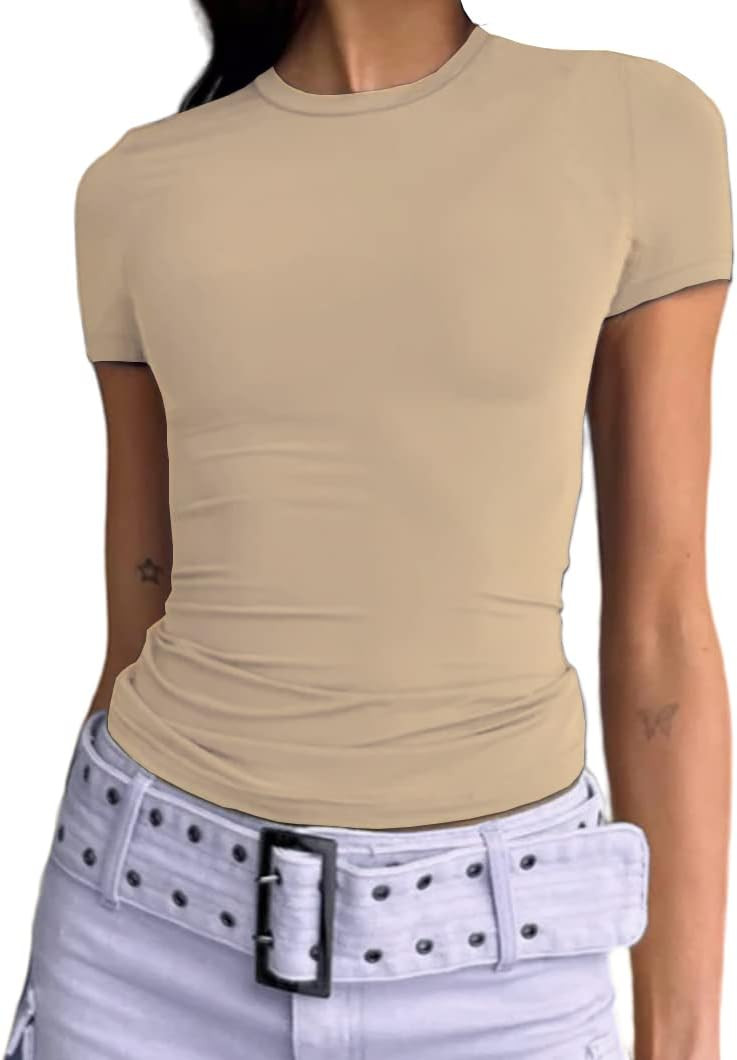 Abardsion Women's Casual Basic Going Out Crop Tops Slim Fit Short Sleeve Crew Neck Tight T Shirts | Amazon (US)