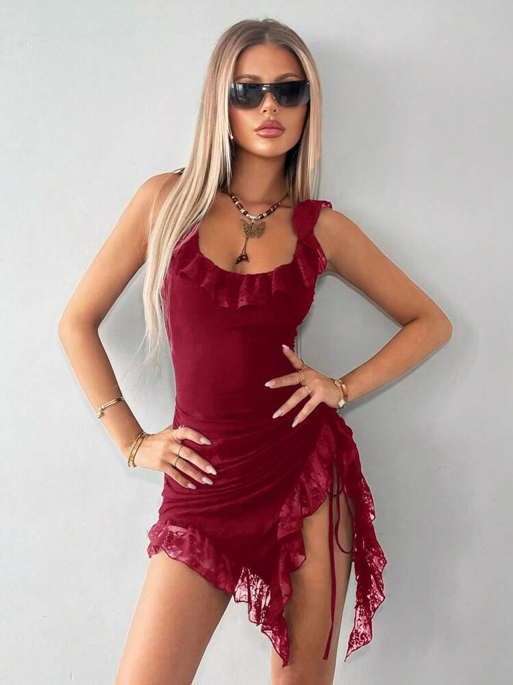 SHEIN ICON Contrast Lace Drawstring Side Ruffle Trim Asymmetrical Dress | SHEIN