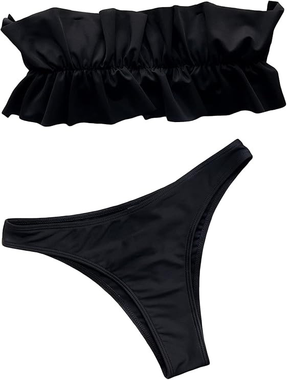 Floerns Women's Bathing Suit Ruffle Trim Ruched Bust Bandeau Bikini Swimsuit Black M | Amazon (US)
