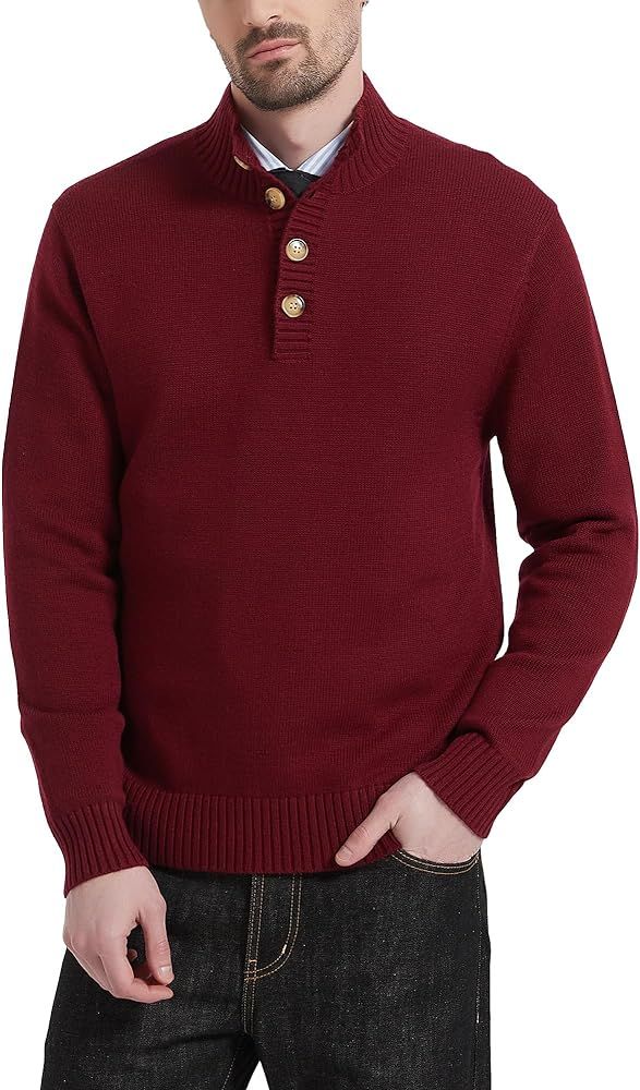 Kallspin Men's Pullover Sweater Wool Midweight Mock Neck Quarter-Button Long Sleeve Pullover | Amazon (US)