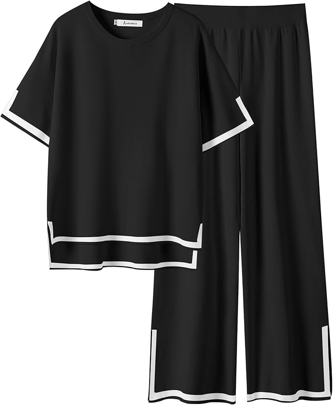 ANRABESS Womens 2 Piece Outfits Lounge Sets Short Sleeve Pullover Sweater Sets Wide leg Loose Cas... | Amazon (US)