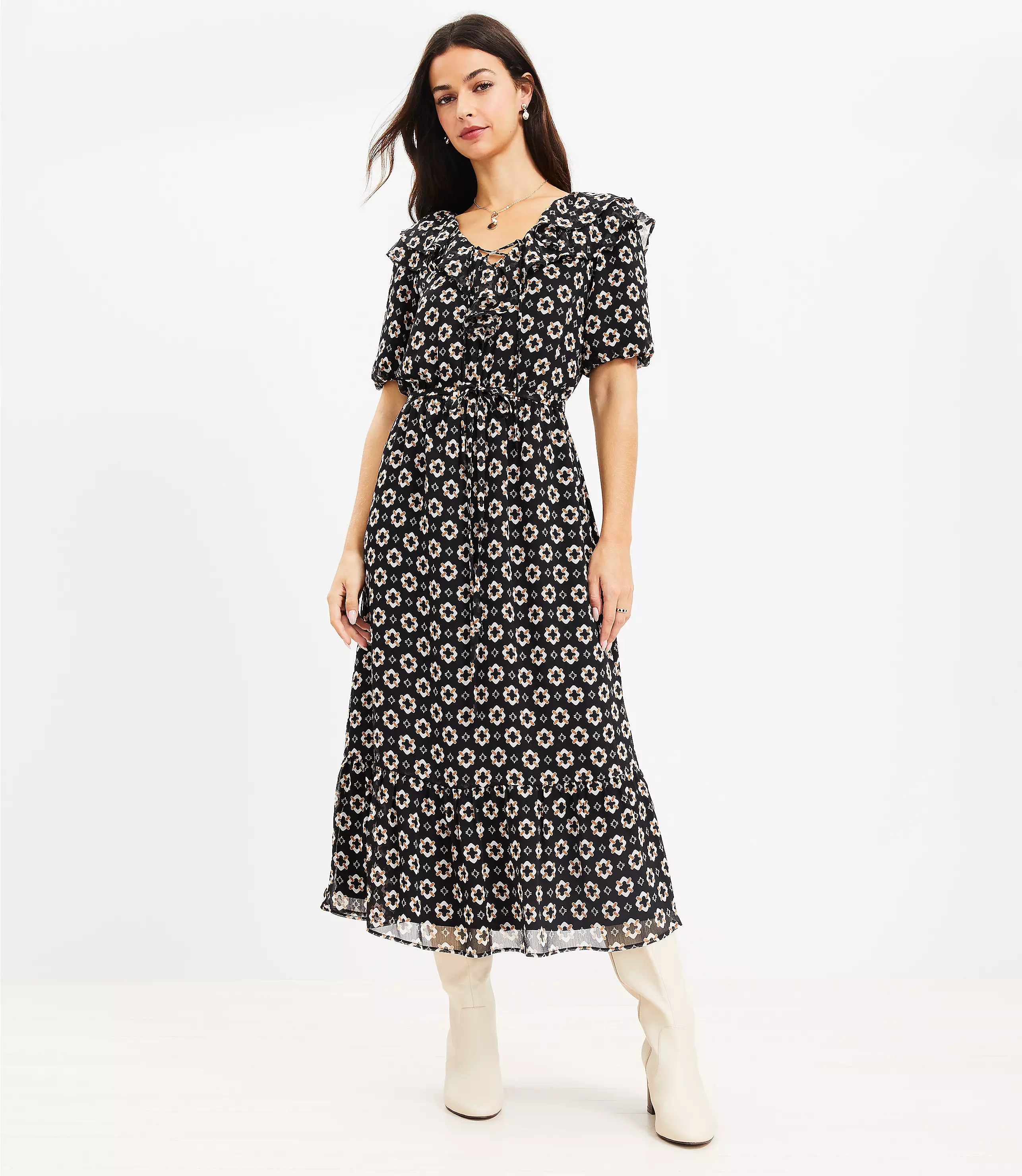 Geo Ruffle Hi-Lo Midi Dress | LOFT