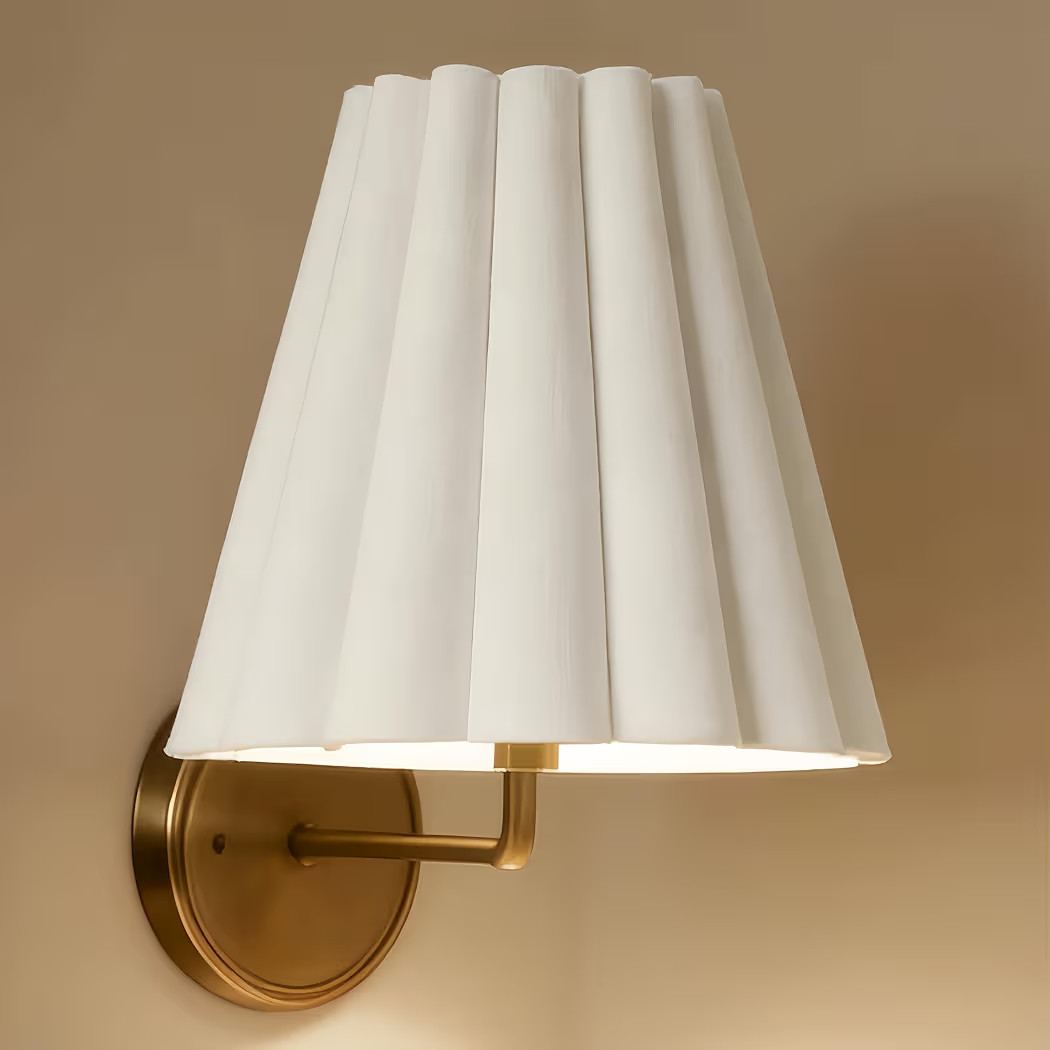 Natural Conical Ivory Linen Wall Sconce with Ruffled Edge, Mid-Century Modern Aged Brass Wall Lig... | Amazon (US)
