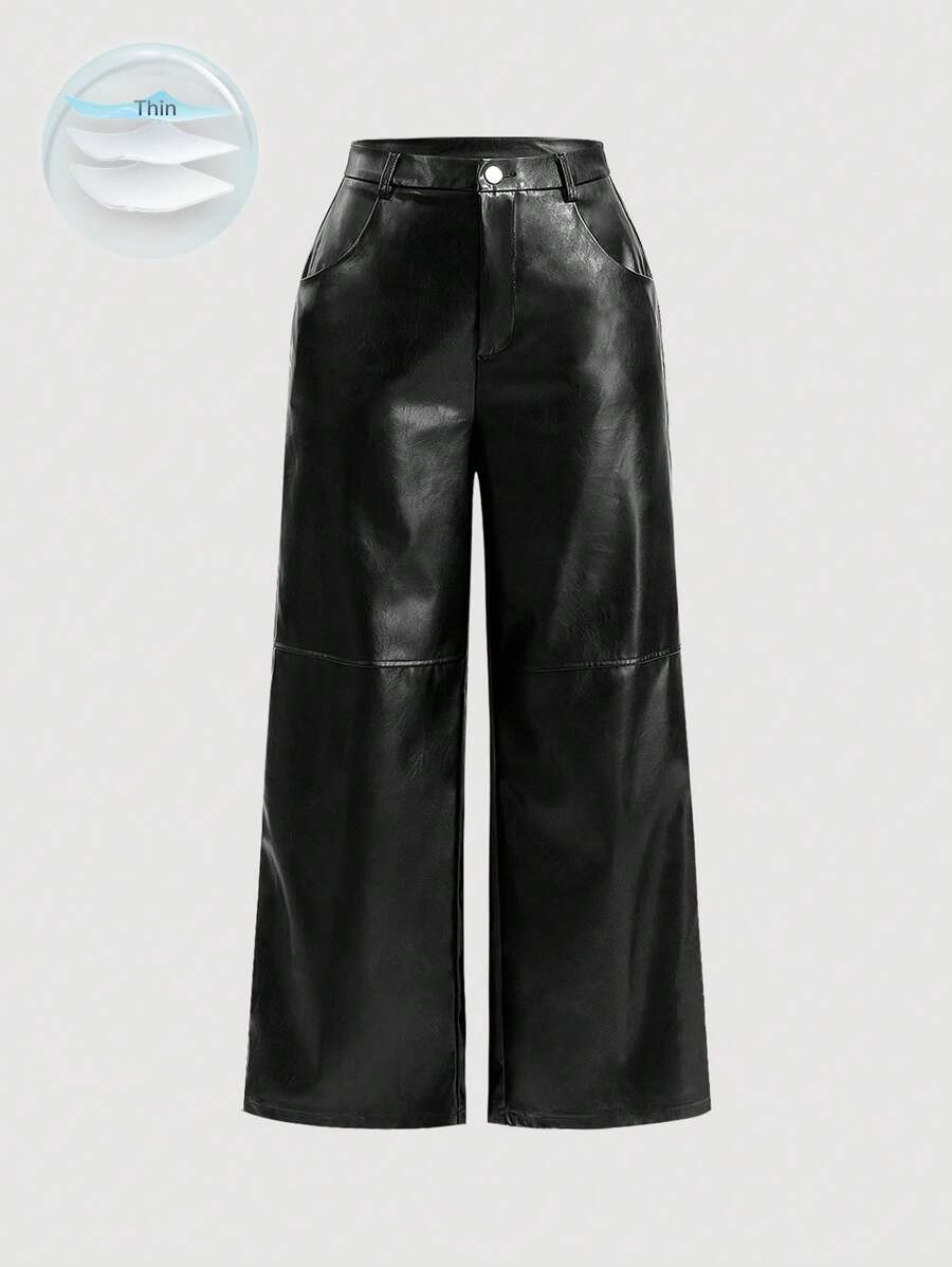 SHEIN MOD Plus Size Black Button Design Side Pocket Leather Straight Pants, Winter | SHEIN