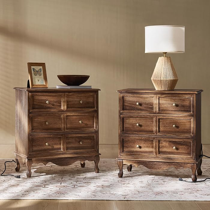 HULALA HOME 3-Drawer Nightstand with Charging Station, Drawer Organizer with Wood Legs, Farmhouse... | Amazon (US)