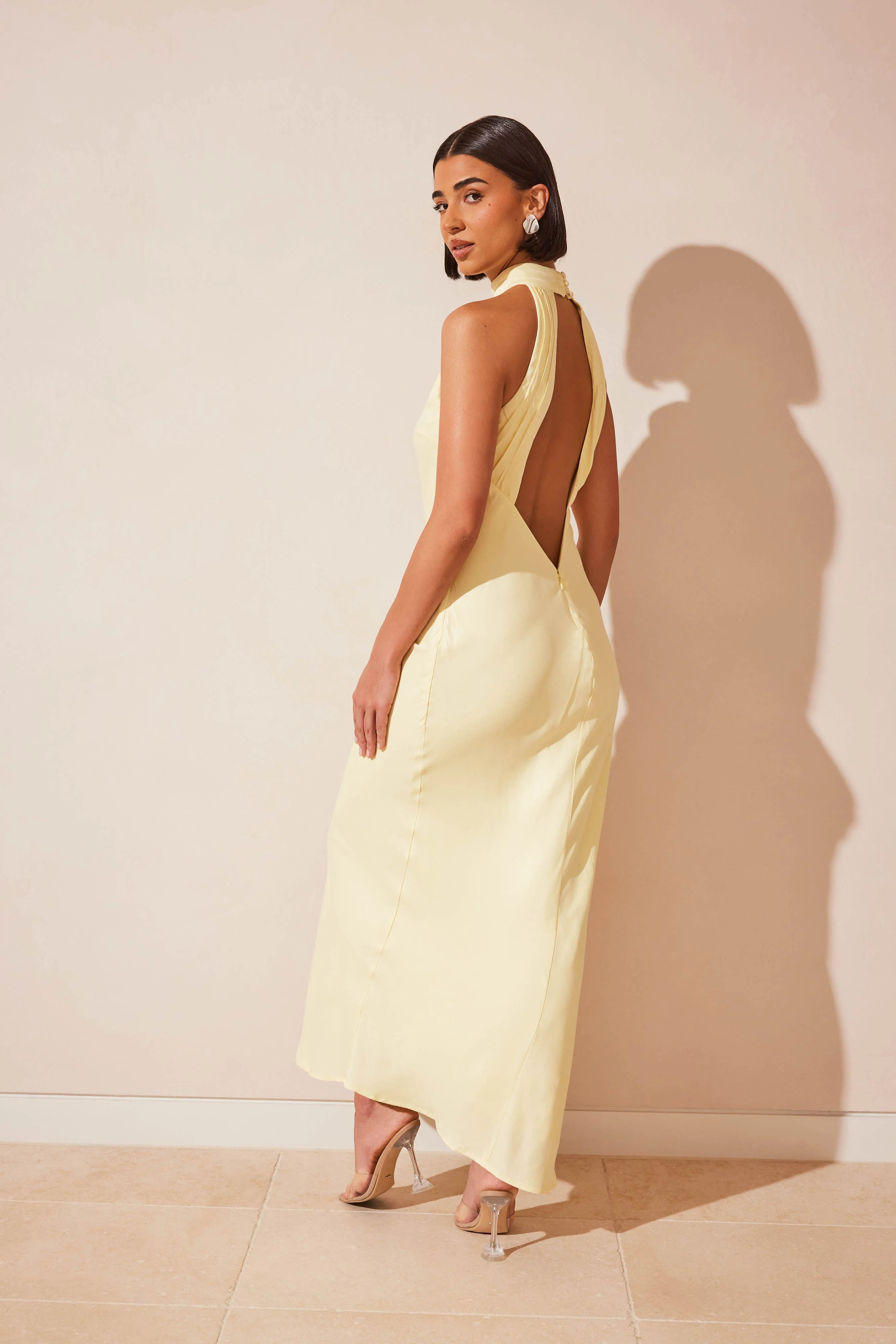 Claire Matte Satin Drape Back Maxi Dress - Light Yellow | MESHKI US