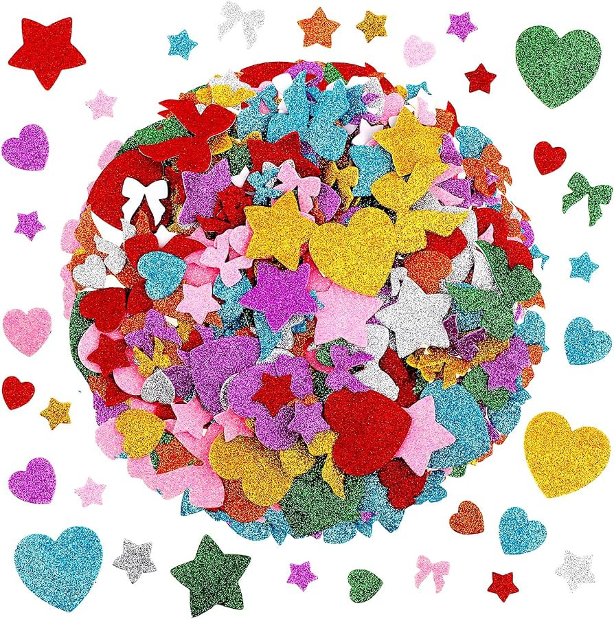 360 Pieces Glitter Foam Stickers, Self Adhesive Stars Heart Bow-Knot Shapes 1.7~0.7 Inch Colorful... | Amazon (US)