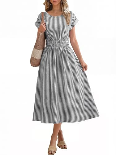 ANRABESS Womens Summer Midi Dress Striped Casual Short Sleeve Crewneck Empire Waist 2026 Flowy Lo... | Amazon (US)