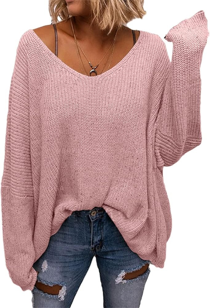 BZB Women's V Neck Long Sleeve Knit Loose Oversized Pullover Sweater Top | Amazon (US)