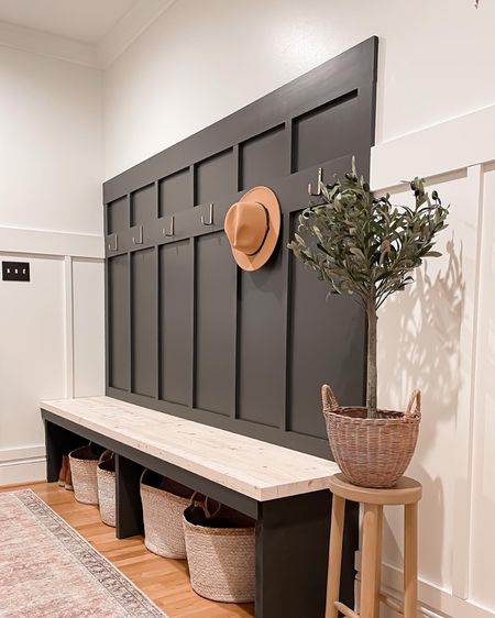 Mudroom with small olive tree, elevated on plant stand. Small mudroom ideas 

#LTKhome #LTKFind #LTKfamily