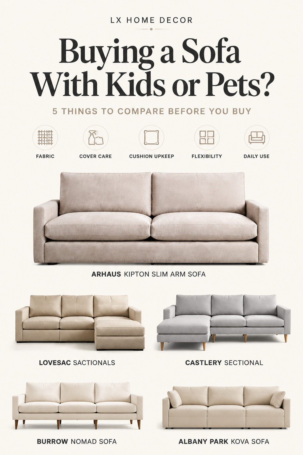 Buying a sofa with kids or pets? Don’t judge it by the showroom photo alone. Compare the fabric, cover care, cushion upkeep, flexibility and everyday-use features before spending. I’m comparing five very different options—from the premium Arhaus Kipton to modular and performance-focused alternatives from Lovesac, Albany Park, Burrow and Castlery. The goal isn’t finding one “best” sofa—it’s finding the features that make sense for your home. Save this before you shop. 

 #SofaShopping #FamilyRoom #PetFriendlyHome #FurnitureShopping #LivingRoomFurniture #LTKOver40 #LTKHome #LTKSaleAlert