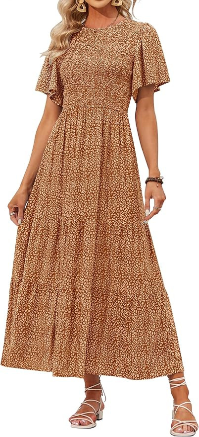 ZESICA Women's 2025 Summer Casual Floral Print Short Flutter Sleeve Crew Neck Smocked High Waist ... | Amazon (US)