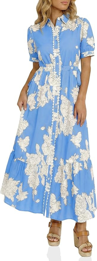 Wenrine Womens Casual Shirt Dress Floral Collared Short Sleeve Button Down Drawstring Waist Loose... | Amazon (US)