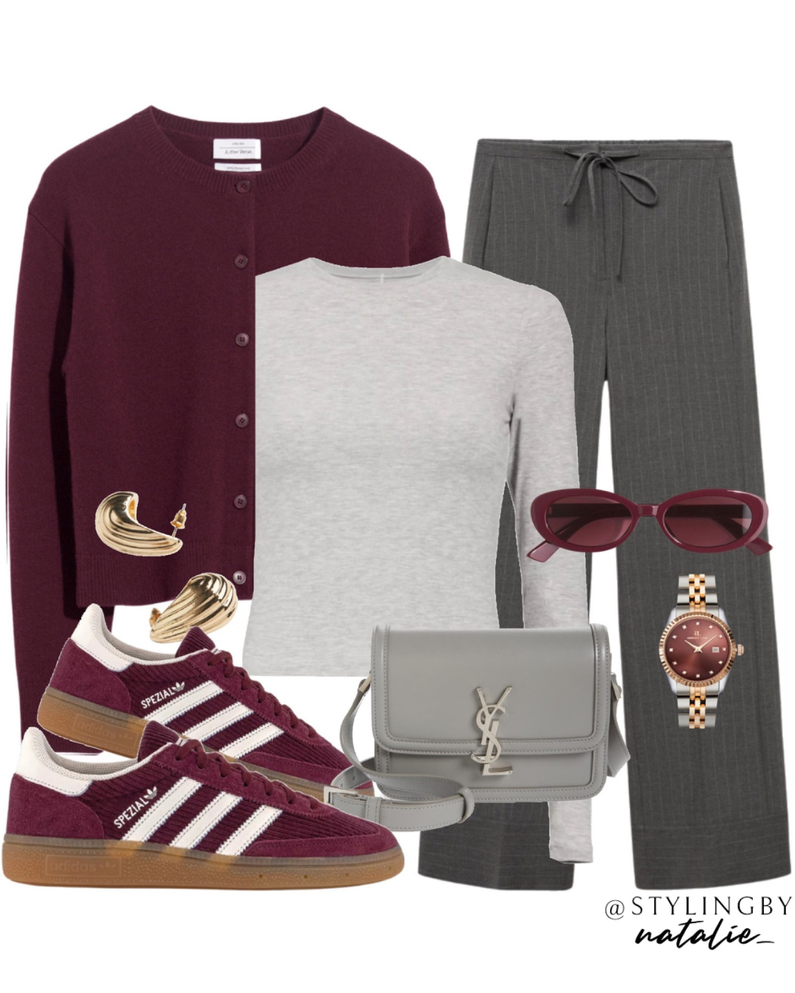 Burgundy and grey outfit, burgundy knit cardigan, straight leg pinstripe trousers, Adidas Spezial trainers, grey long sleeve top, YSL Solferino bag & burgundy accessories.
Autumn outfit, knitwear, work wear outfit, office outfit, casual chic.

#LTKeurope #LTKautumn #LTKworkwear