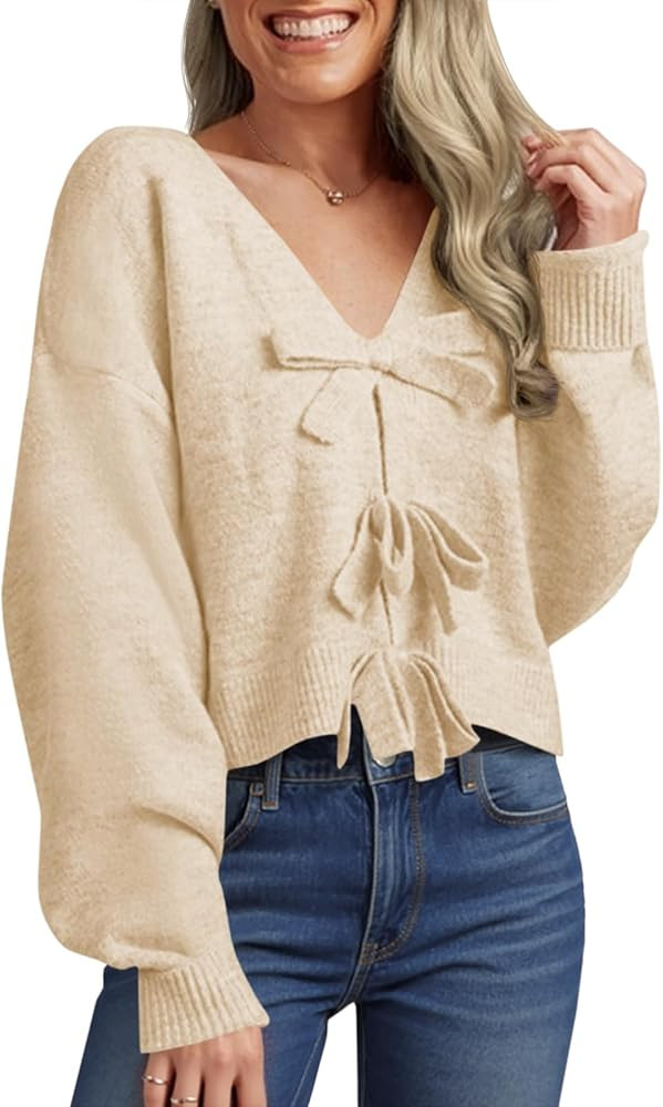 Saodimallsu Womens Bow Sweater Cropped V Neck Long Sleeve Fall Cozy Knit Loose Trendy Pullover Sw... | Amazon (US)