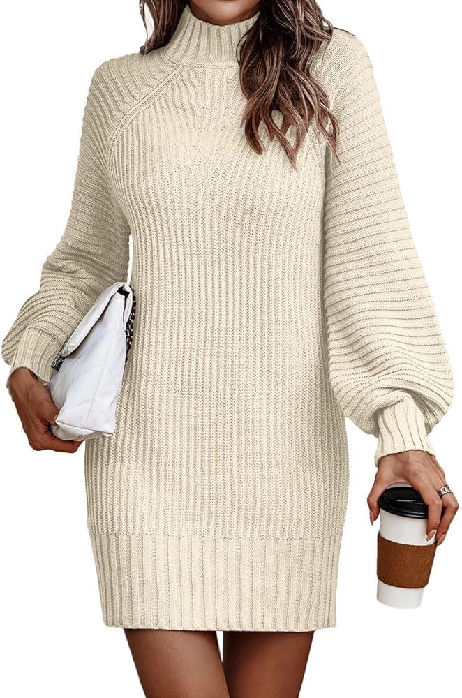 LILLUSORY Women's Mock Turtleneck Sweater Dress Trendy Pullover Puff Sleeve Fall Dress Knit Winter O | Amazon (US)
