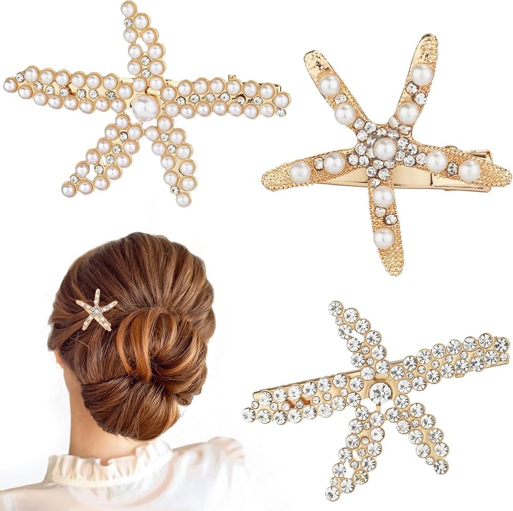 3pcs Starfish Hairpins, Elegant Rhinestone Starfish Barrette Clip Pearl Crystal Hair Clip Sea Sta... | Amazon (US)
