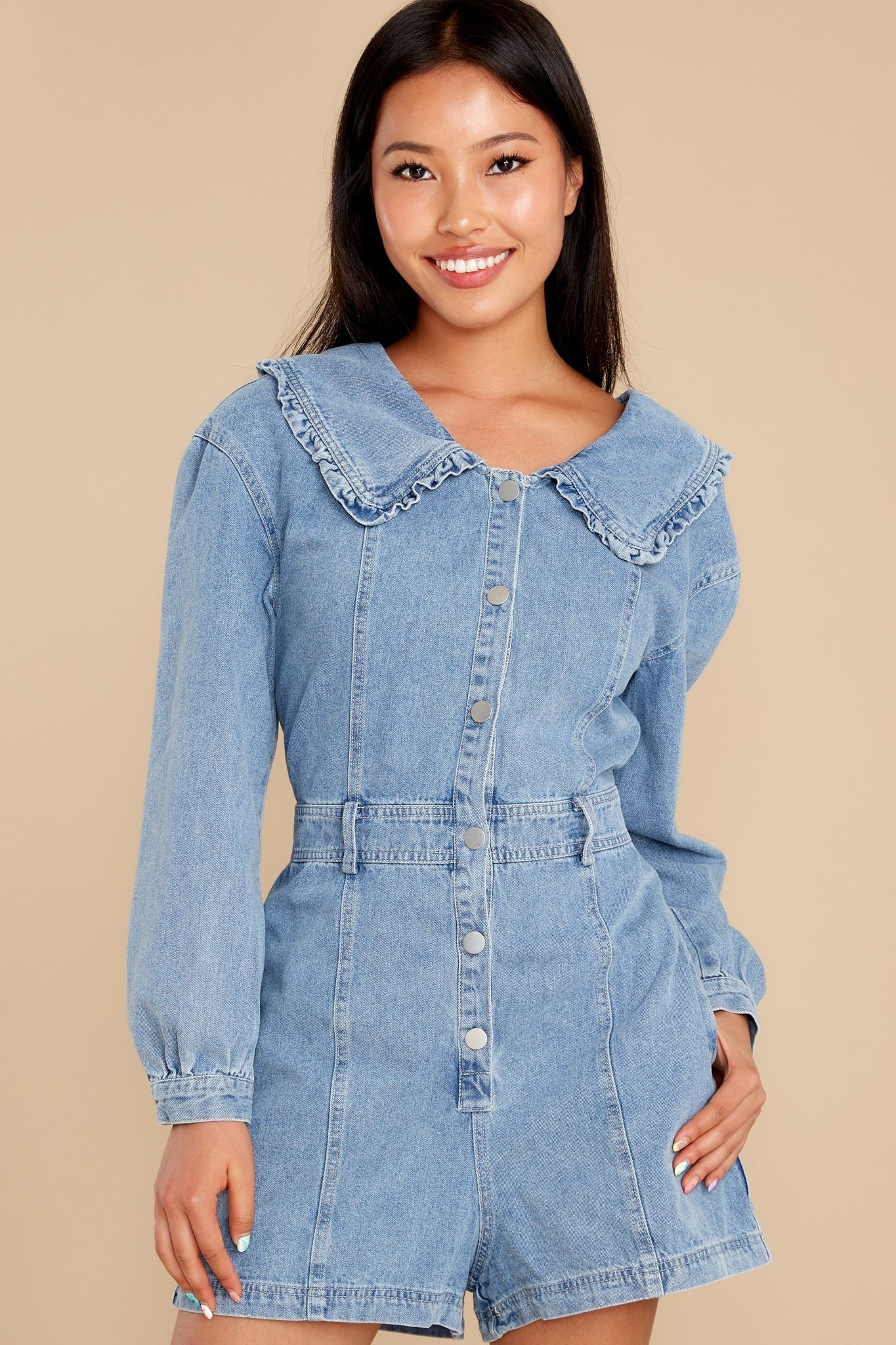 Instant Vacation Medium Wash Denim Romper | Red Dress 