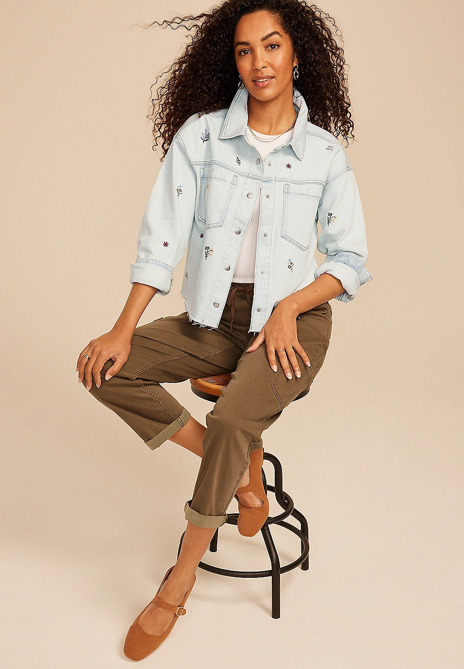 Floral Embroidered Cropped Denim Jacket | Maurices