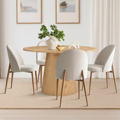 5-Piece Round Oak Dining Table Set, 46" Pedestal Table and 4 Beige Upholstered Chairs with Oak Metal Legs for Kitchen or Dining Room-Panipeachy | Target