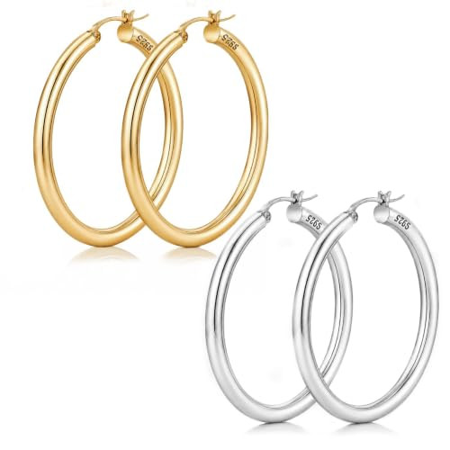 2 Pairs 925 Sterling Silver Post Hoop Earrings for Women, Gold+Silver 40mm | Amazon (US)