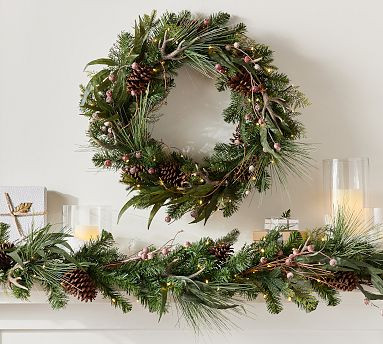 Pre-Lit Faux Tahoe Pine Wreath &amp; Garland | Pottery Barn (US)