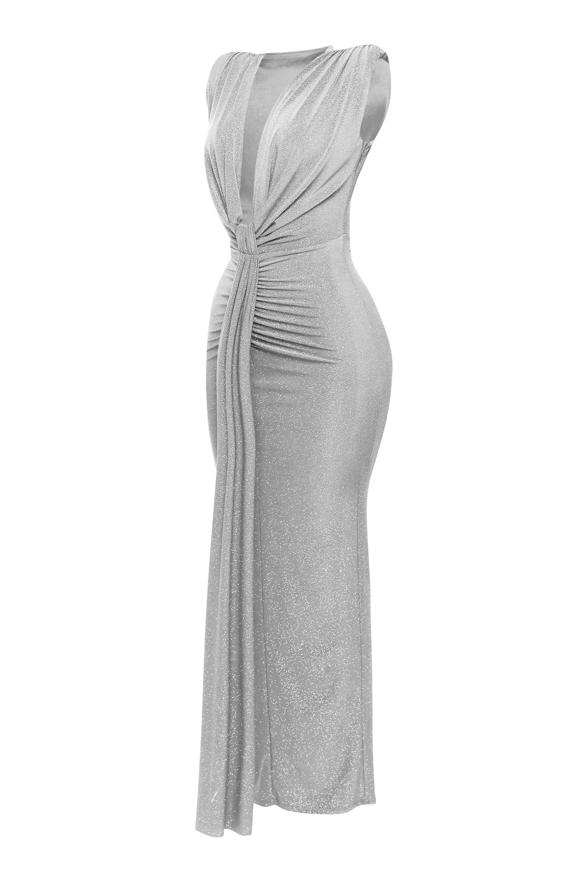 Deep V Neck Draped Front Sleeveless Maxi Dress | Bogomore