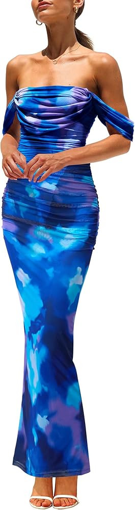 PRETTYGARDEN Women's Floral Maxi Dress 2025 Summer Off Shoulder Mesh Elegant Cocktail Party Ruche... | Amazon (US)