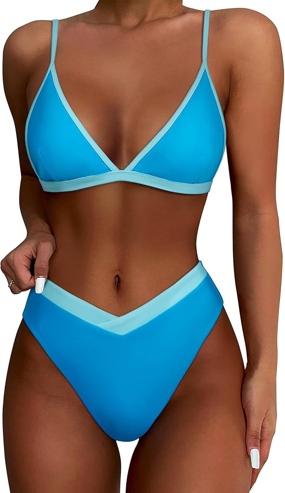 SUUKSESS Women Triangle High Cut Bikini Sets Sexy High Waisted 2 Piece Swimsuit | Amazon (US)