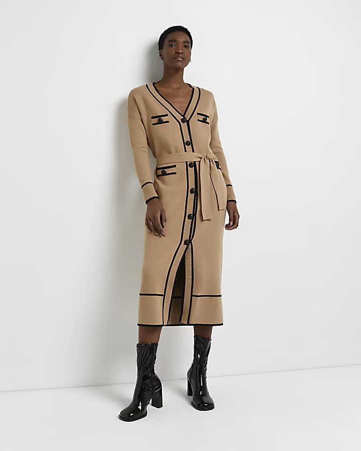 Brown knitted cardigan midi dress | River Island (UK & IE)