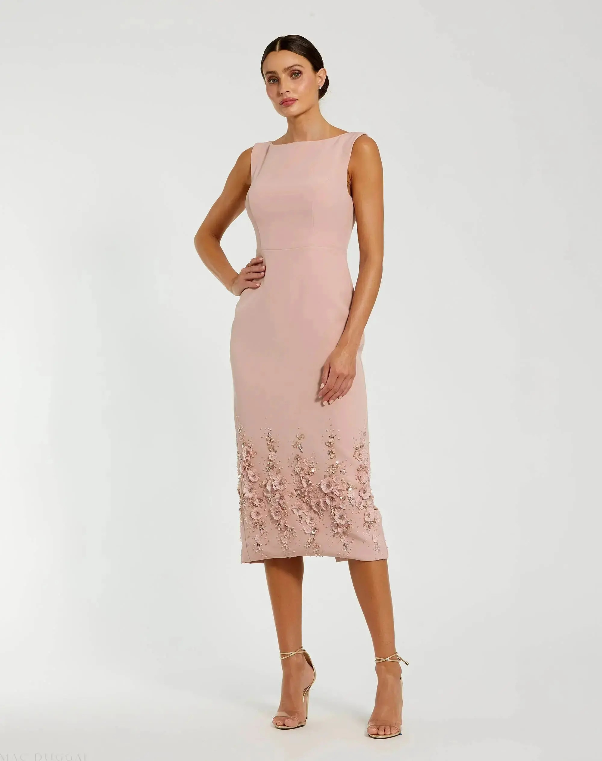 Petite Pink Crepe Sleeveless Midi Dress With Flower Beading | Mac Duggal
