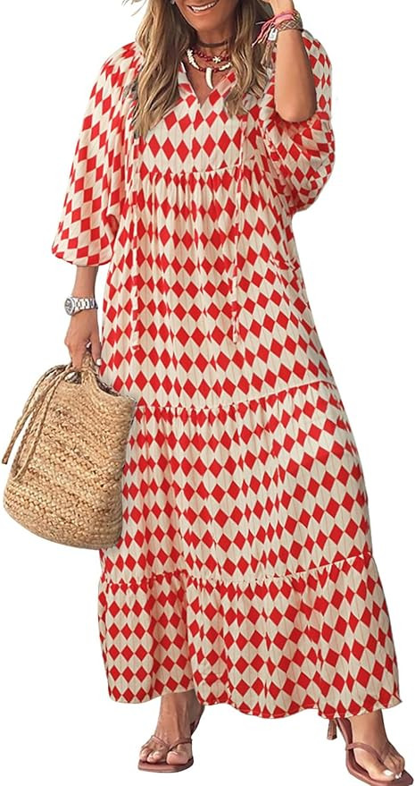 miduo Womens Loose Fit Casual Summer V Neck Half Sleeve Bohemian Geometric Pattern Maxi Long Dres... | Amazon (US)