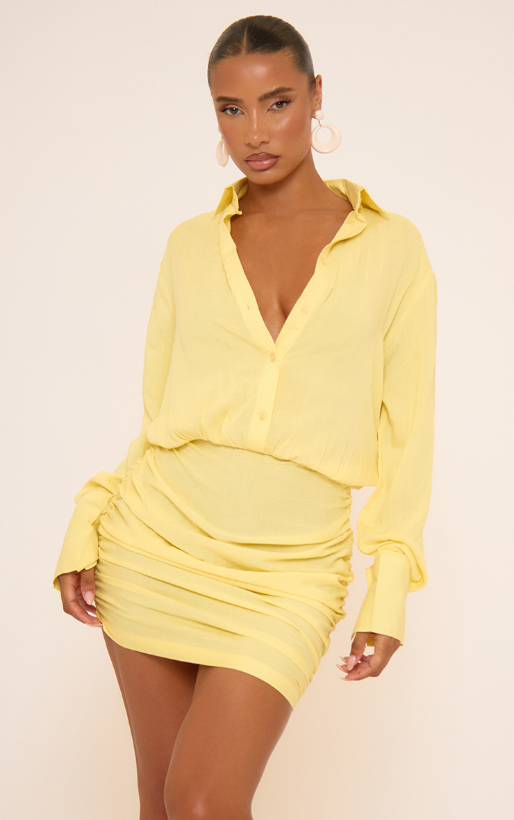Long Sleeve Ruched Skirt Detail Mini Dress In Yellow Linen | EGO Shoes (US & Canada)