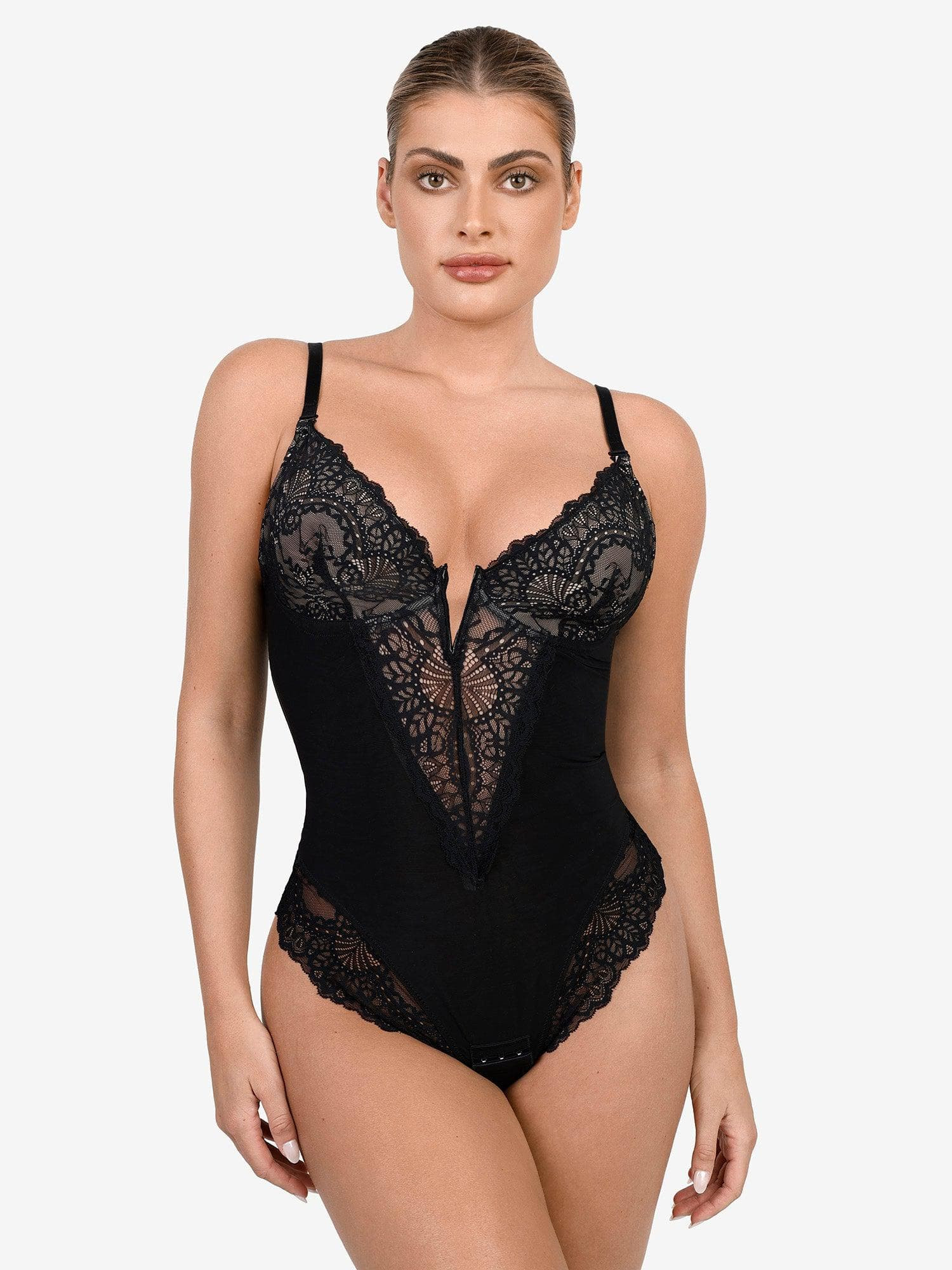 Shapewear Lace Deep V-Neck Sculpting Thong Bodysuit | Popilush