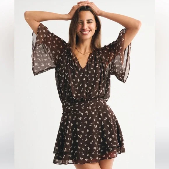 Abercrombie and fitch NEW Angel Sleeve Sheer Mini Dress brown and white floral | Poshmark