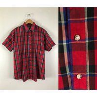 Vintage Mens Plaid Shirt | 70S Red Tartan Button Down Short Sleeve Collared Size Large/xl | Etsy (US)