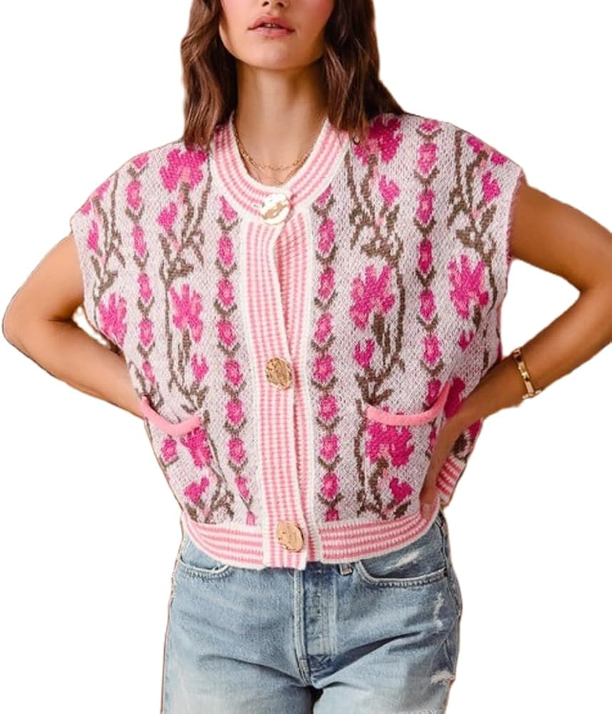 Women Boho Sweater Vest Sleeveless Button Down Knit Tank Tops Floral Crew Neck Cardigan with Pock... | Amazon (US)