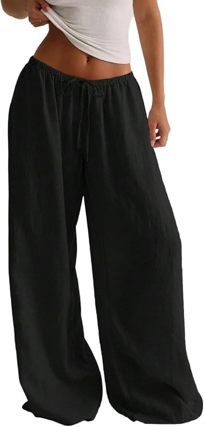 MakeMeChic Women's Linen Pants Summer Beach Wide Leg Low Rise Baggy Pants Trousers | Amazon (US)
