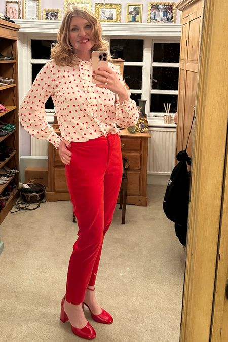 Red heart silk blouse. Red velvet trousers. Red patent shoes. All red outfit. Date night outfit. Over 40 style  

#LTKover40 #LTKparties #LTKSeasonal