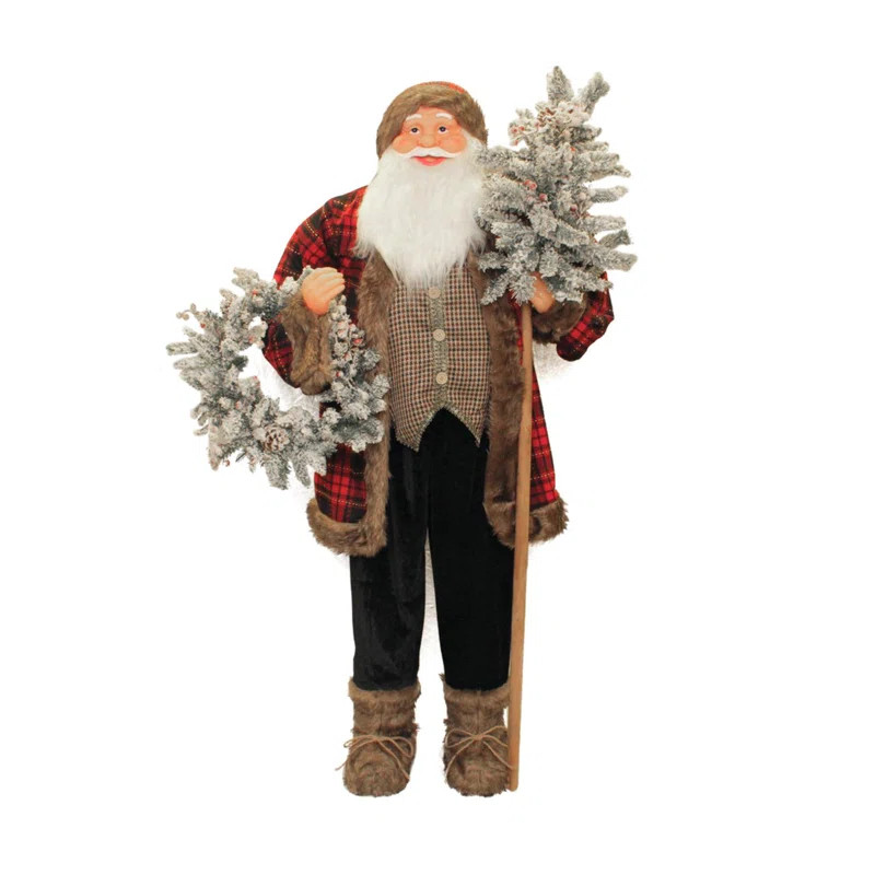 60" Santa Claus with Flocked Alpine Tree and Wreath Standing Christmas Figure | Wayfair North America