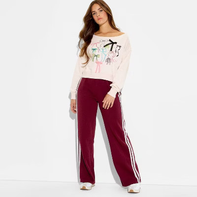 Women's Multi Bows Fleece Graphic Pullover Sweatshirt - Cream | Target