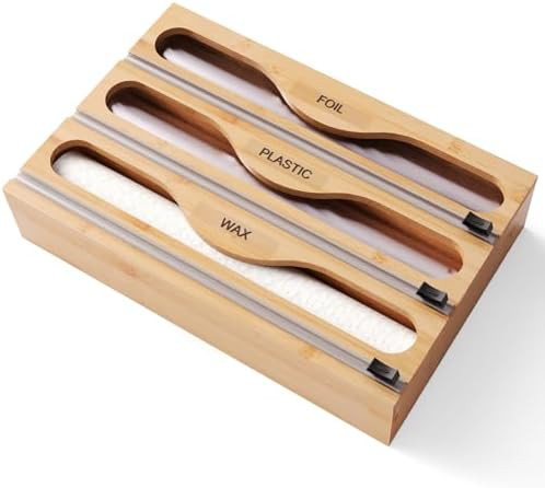 Wrap Dispenser with Cutter and Labels, Plastic Wrap Organizer For Kitchen,Bamboo 3-in-1 Wrap Disp... | Amazon (US)
